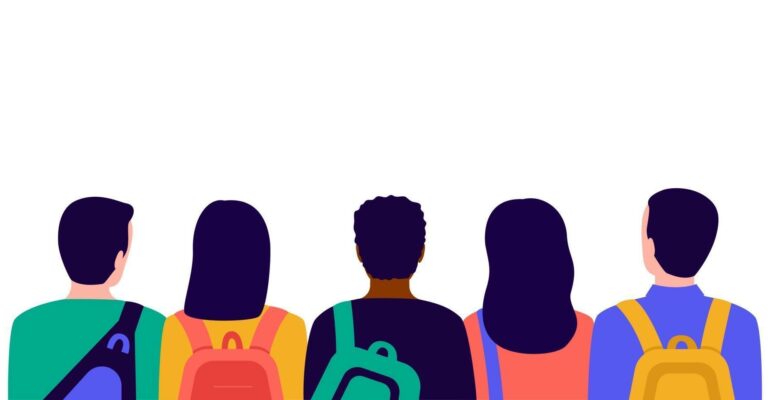 group-of-students-with-bags-in-school-back-view-vector